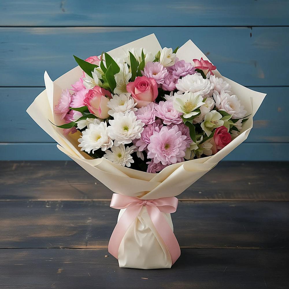 Букет цветов из: Хризантемы, Альстромерии и Розы в Нелидово